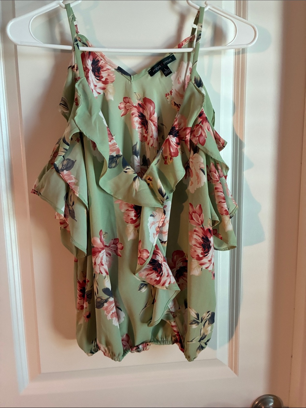 Moa Moa Peppermint Green Floral Ruffle Off the Shoulder Shirt